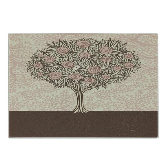 Rose Cutting Board, Doodle Style Flourishing Tree Branches Romantic Arrangement of Flowers, Decorative Tempered Glass Cutting and Serving Board, Small Size, Pale Pink Beige Brown, by Ambesonne