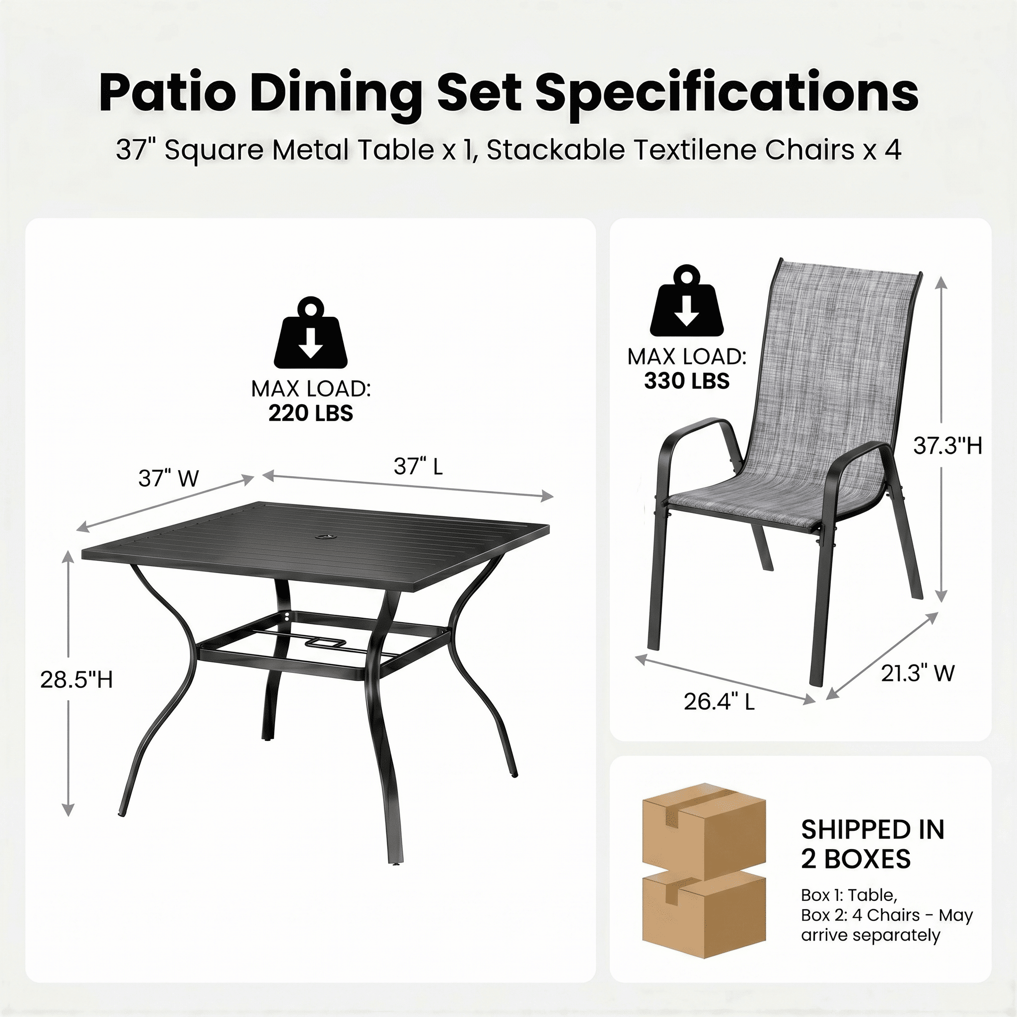 TLSUNNY Outdoor Dining Set of 5, Patio Furniture Set on Sale, Square Metal Table with Umbrella Hole & Foot Pads, 4 Stackable Textilene Chairs