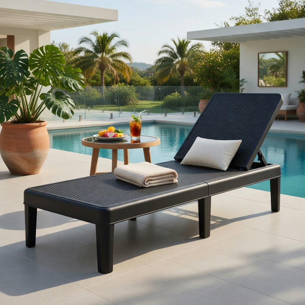 Hommoo Outdoor Chaise Lounge Chair, Adjustable 4-Position Backrest, Waterproof Faux Rattan PP Surface, for Patio, Poolside, or Deck, Black