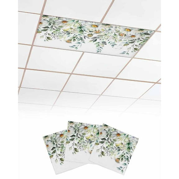 Fluorescent Light Covers for Ceiling Lights 3 Pack, Eucalyptus Leaves Magnetic Ceiling Light Covers 2x4ft for Classroom Office, White Daisy Spring Floral Summer Botancial Drop Ceiling Light Shade