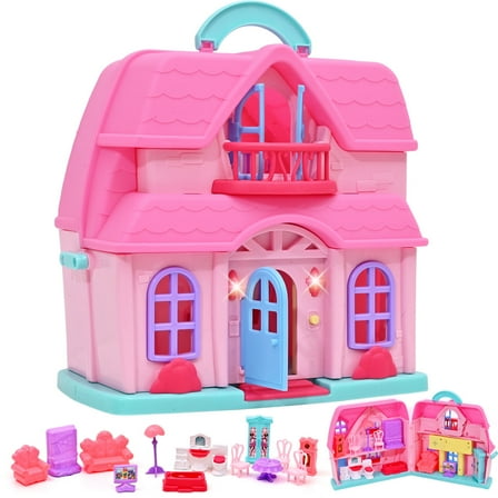 Mini Doll House - 2IN 1 Portable Dollhouse for Little Girl Toys, Play House Set with Light, Sound, Furniture & Accessories for 3-8