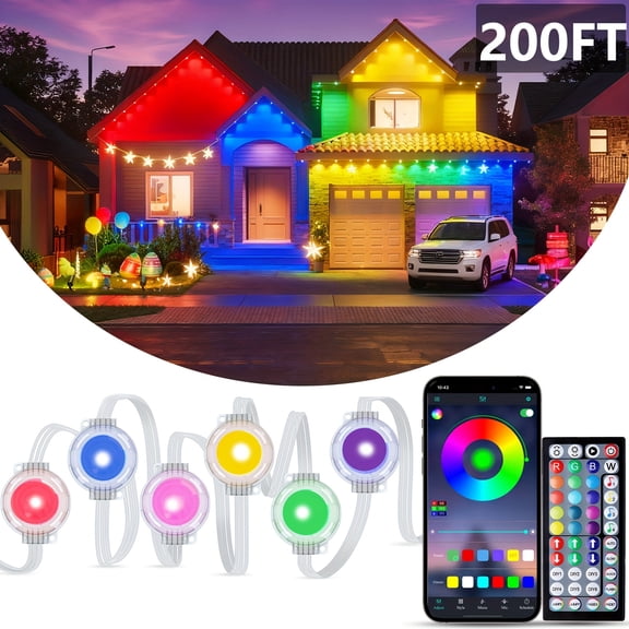 200ft IP67 Waterproof RGB LED Outdoor Lights - Color Changing Eave/Rope/Hanging Lights, Permanent Year-Round Use for Halloween Christmas Holidays Parties & Daily House Lighting