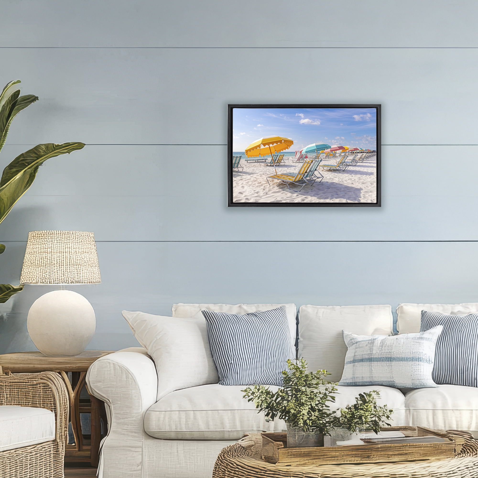 Stupell Industries Striped Umbrellas on Sunny Beach Black Framed Floater Canvas Wall Art, design by Richard Silver