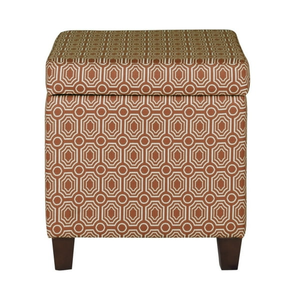 HomeStock Geometric Patterned Square Wooden Ottoman With Lift Off Lid Storage, Orange And Cream