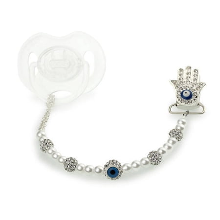 White Beaded Chamsa Eye Pacifier Clip