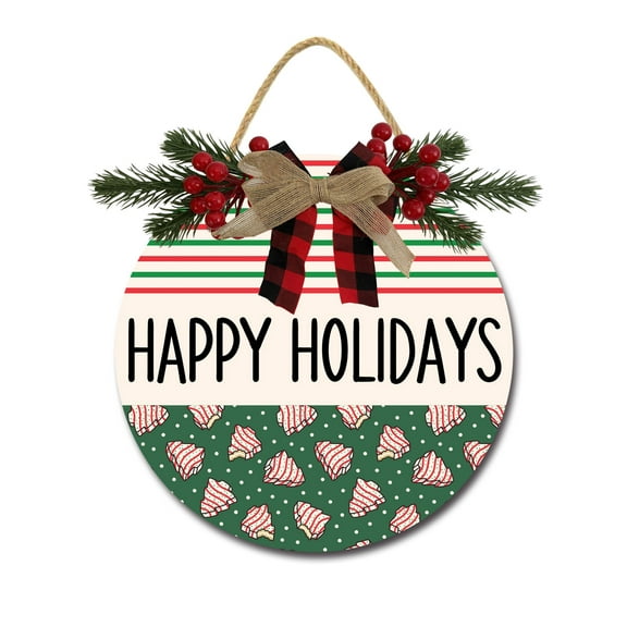 Happy Holidays Door Hanging Sign 11 inch Wooden Wall Sign, Rustic Holiday Wreath Decor for Front Door Porch Home Window Wall Farmhouse Decorations