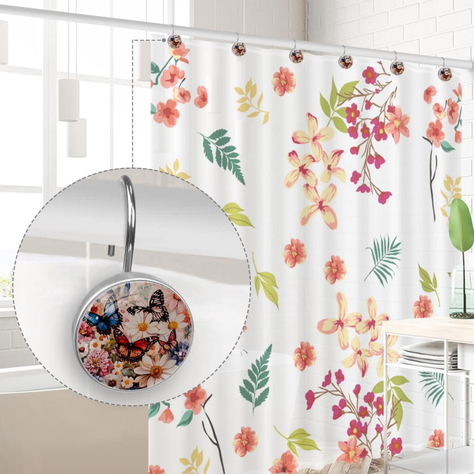Butterfly on Blossom Chrysanthemum Daisy Shower Curtain Hooks Round Crystal Glass, Set of 12 Shower Curtain Rings - Shower Hooks for Curtain Shower Rings