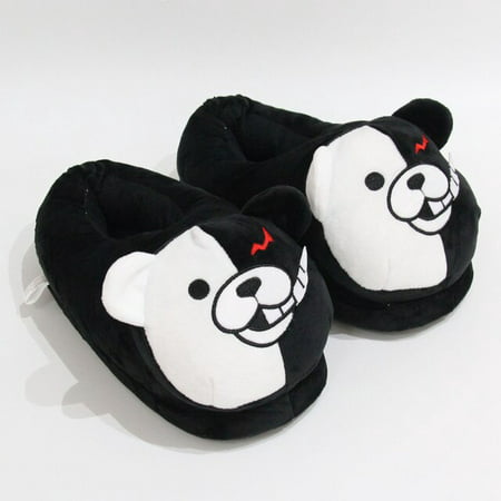 

QWZNDZGR Plush Slippers Fuzzy Slides Shoes Women Men Monokuma Kigurumis Black White Anime Bear Home Shoes Cartoon Cute House Slippers