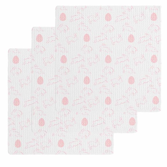 Easter Bunny Kitchen Dish Towels for Drying Dishes Set of 3, Pink Eggs Cute Rabbits Cartoon Waffle Weave Microfiber Hand Tea Bathroom Towels Quick Dry & Absorbent Towel 12x12