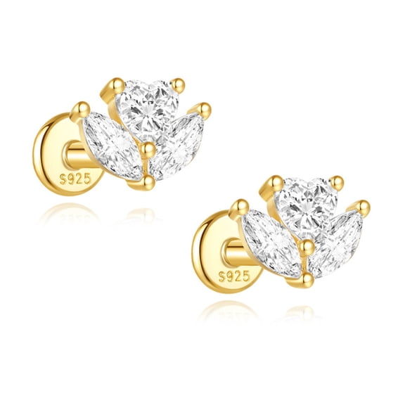 Flower CZ Flat Back Earrings for Cartilage Helix Tragus Lobe 16g Gold Plated Sterling Silver 1 pair by Ginger Lyne