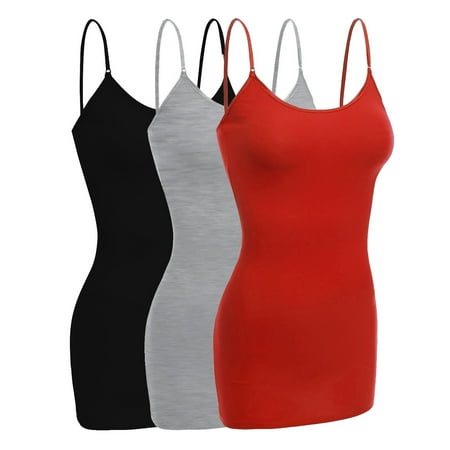 

Women & Juniors Basic Layering Built in Bra Spaghetti Strap Long Cami Top Tank