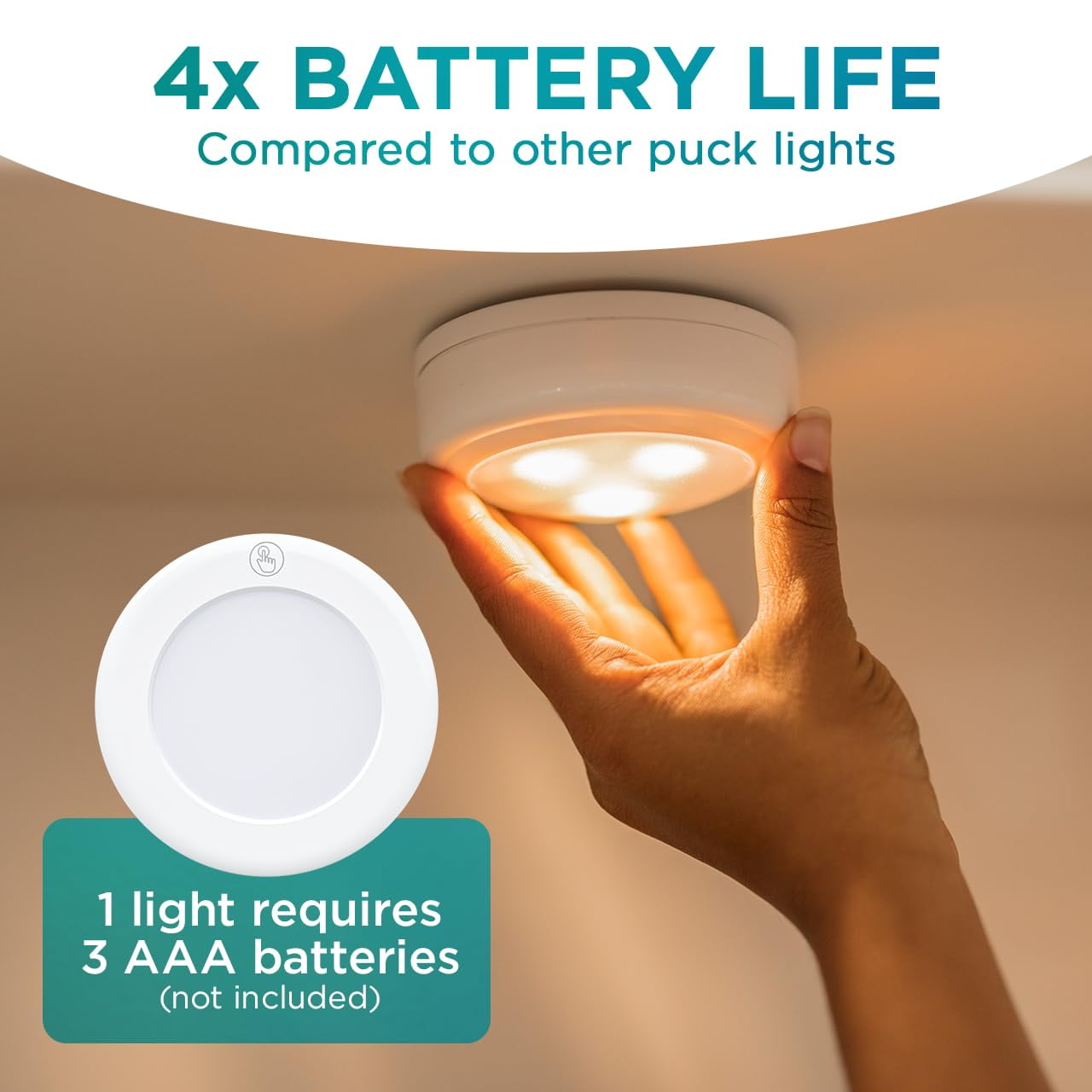Brilliant Evolution Stick On Puck Lights - Battery Powered Cabinet Lights for Kitchen Under Cabinet Lighting - Wireless Tap On LED Touch Light, 3000K Warm White with Easy Installation - 9x9x2-Inch