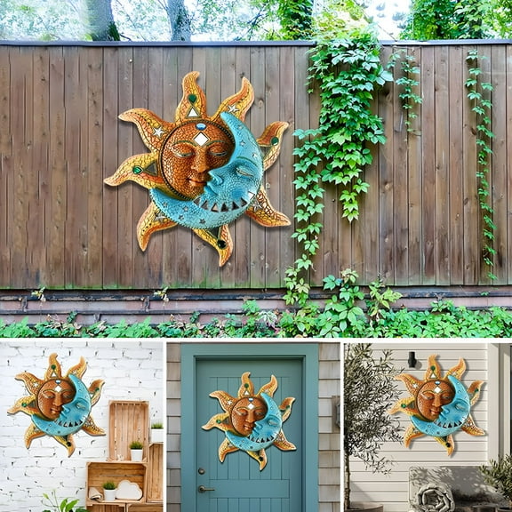LAMIRO PVC Golden-Sun And Blue Moon Face Wall Art 3D Decoration Indoor Outdoor Plaque