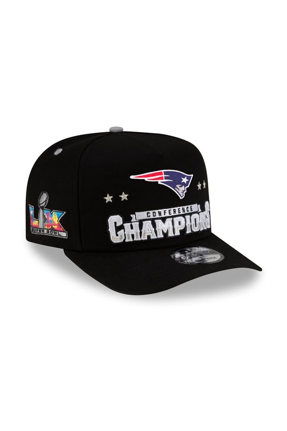 Men's New Era Black New England Patriots 2025 AFC Champions Locker Room Trophy Collection A-Frame 9FIFTY Snapback Hat