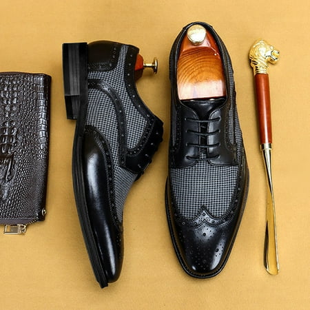 

Foraging dimple Men s Large Size British Style Leather Shoes Color Matching Lace-Up Casual Shoes Black