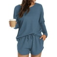 thumbnail image 3 of ValueVibe Womens Waffle Knit Pajama Sets Long Sleeve Tops and Shorts 2 Piece Outfit Lounge Sets with Pockets, Blue S, 3 of 6