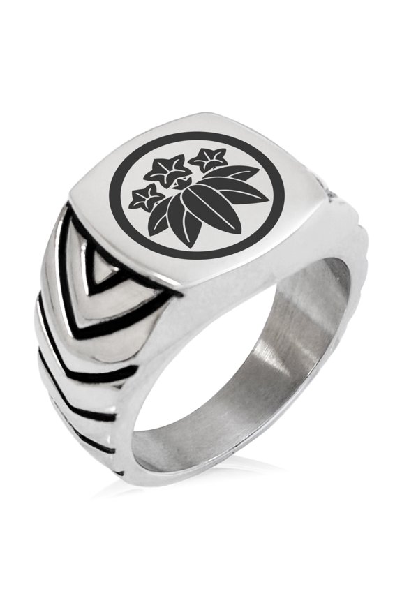 Stainless Steel Ishikawa Samurai Crest Chevron Pattern Biker Style Polished Ring
