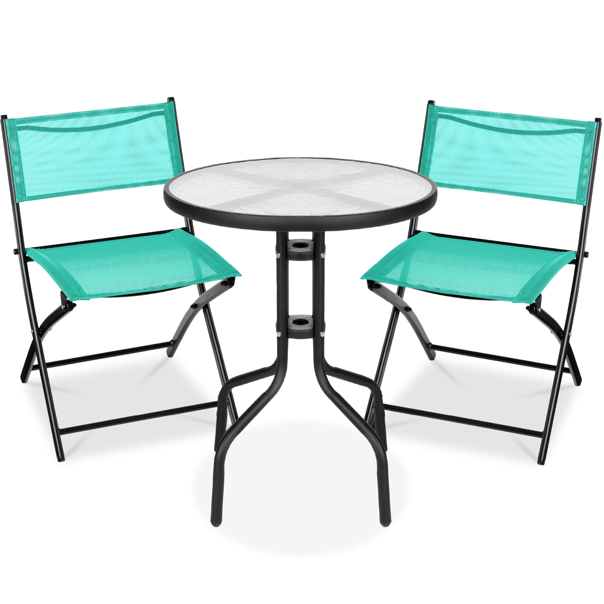 Best Choice Products 3-Piece Patio Bistro Dining Furniture Set w/ Glass Tabletop, Folding Chairs - Mint