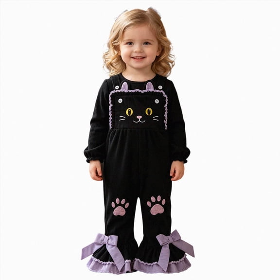 mgoYE Baby Girl Halloween Clothes Cute Cat Overalls Toddler Corduroy Flared Pants Set Halloween Dress up(Purple,4-5 Years)