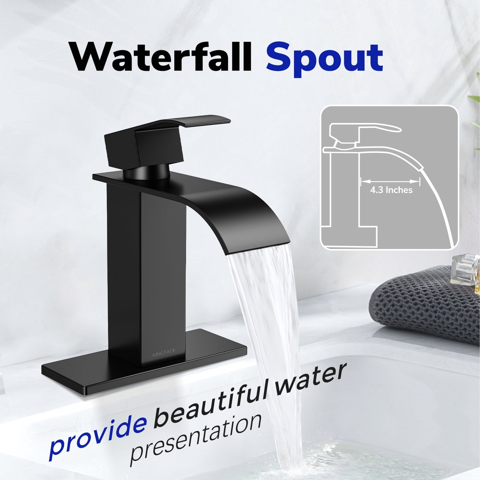 KINGTACK Waterfall Bathroom Faucet, Matte Black Bathroom Faucet for 1 or 3 Hole Bathroom Sink Faucet Mixer Tap Washbasin Faucet with Deck, Pop-up Drain and Supply Hoses