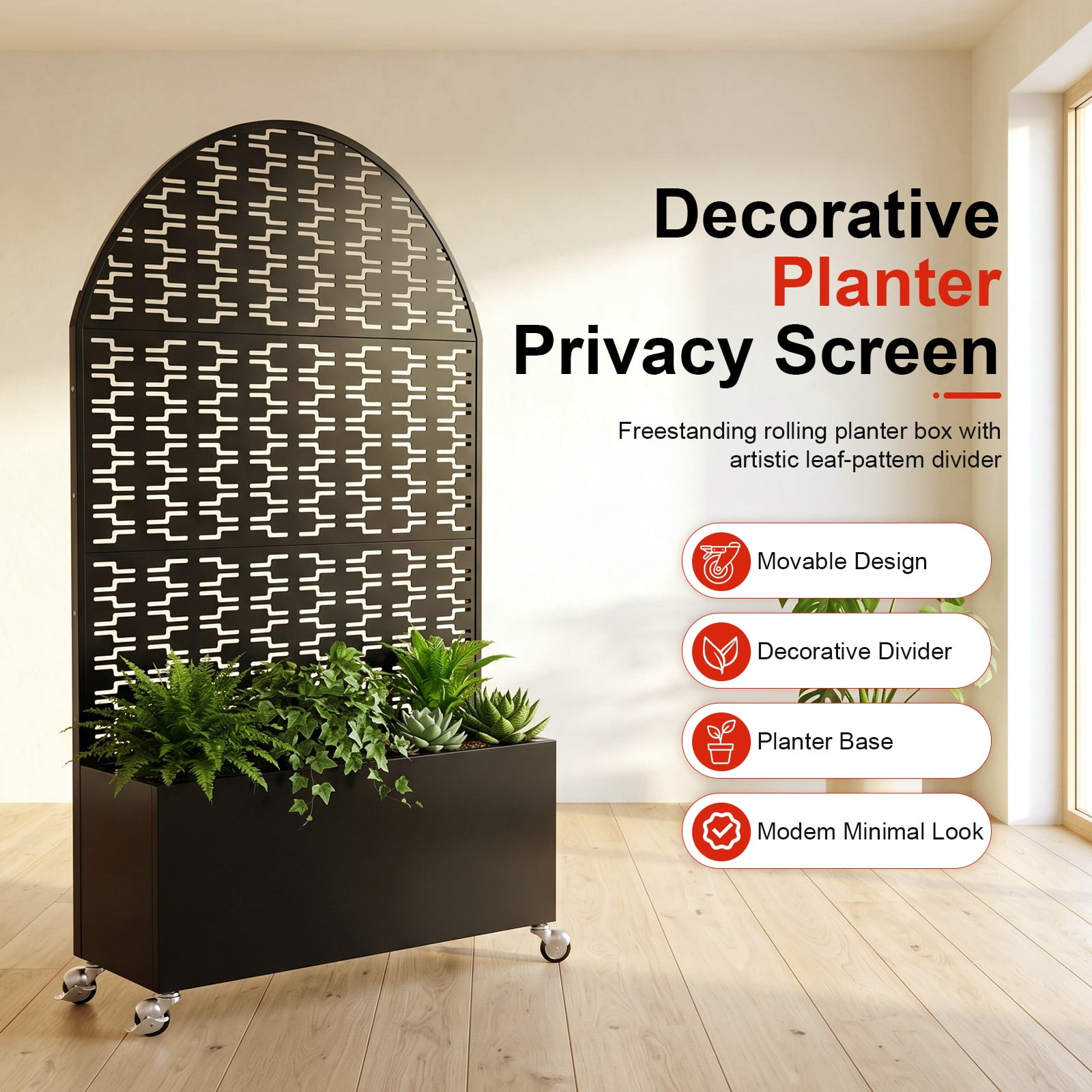 Arched Decorative Privacy Screen with Planter Box, 70.87" Tall Metal Freestanding Fence Planter, 46.8"×15.75"×16.92" Planter Box for Patio Balcony Backyard