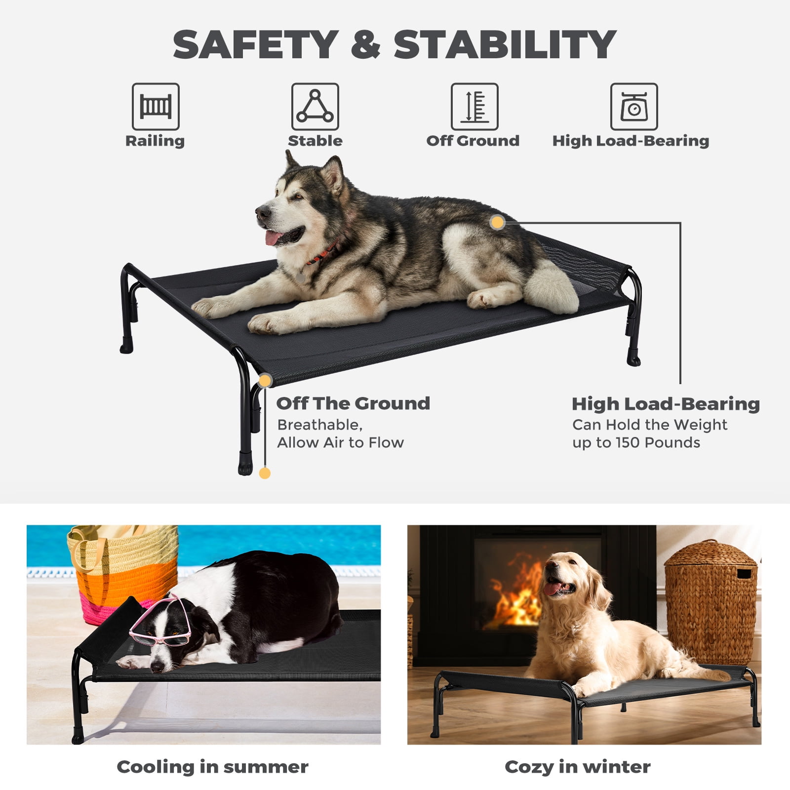 Veehoo Cooling Elevated Dog Bed, Chew Proof Dog Cot with Washable Mesh, Medium, Black