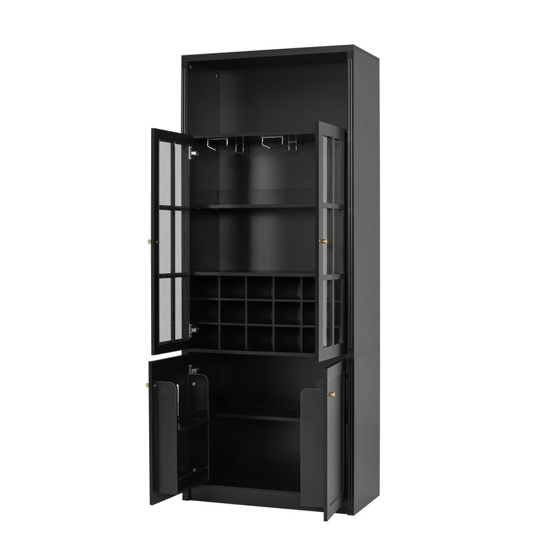 Tall Wine Storage Cabinet with Glass Doors, Freestanding Home Bar Pantry Cabinet with Goblet Rack & 18-Bottle Grid