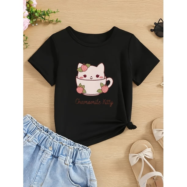 Adorable "Chamomile Kitty" Graphic Tee for Girls - Comfy Polyester Round Neck T-Shirt with Cute Cat & Strawberry Design, Perfect for Spring/Summer Casual Wear - Charming Gift for Young Style Enthusia