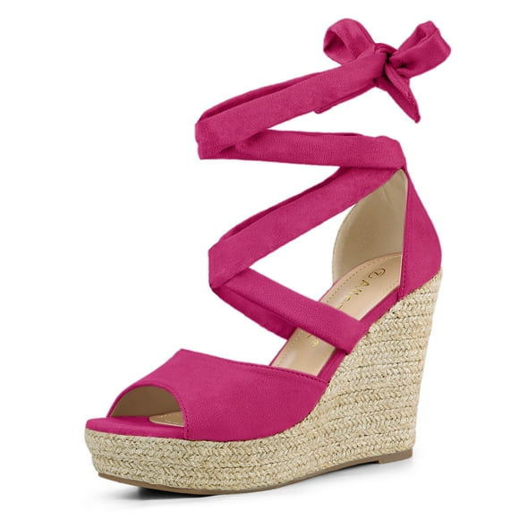 Unique Bargains Women's Lace Up Espadrilles Wedges Sandals Hot Pink (Size 6)
