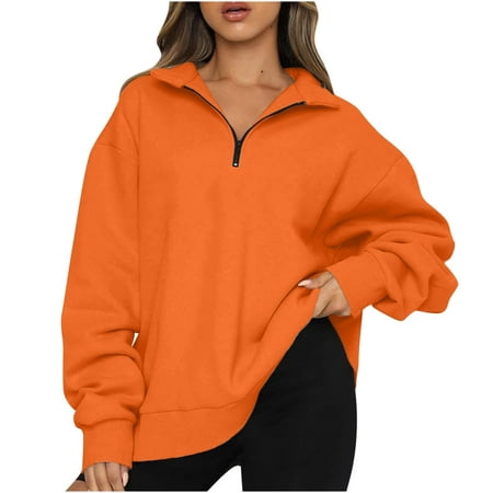 Womens Fall Fashion 2022 Deals! Funicet Women's Plus Size Sweatshirts Oversized Half Zip Long Sleeve Sweatshirt Quarter Zip Hoodie Sweater Blouse Casual Button Hoodies Pullover Tops Orange XXL