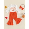 thumbnail image 3 of Suealasg 3Pcs Baby Girl Fall Winter Outfits Set Long Sleeve Letter Pumpkin Print Romper + Flare Pants + Headband Set 3 6 12 18 Months Infant Girl Halloween Clothes, 3 of 8