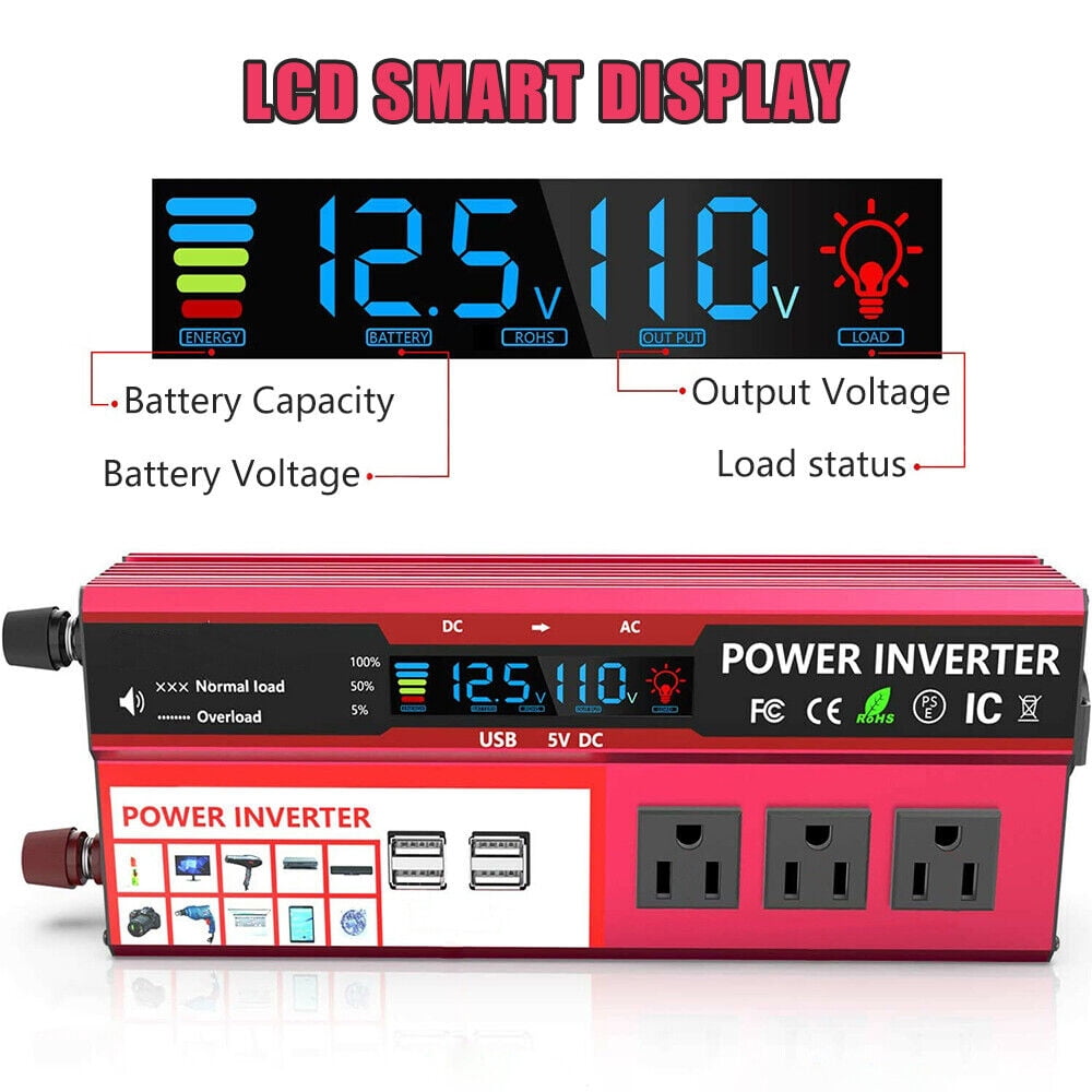 2000W Car Power Inverter DC 12V to AC 110V RV Solar Converter 3 AC 4 USB Outlets