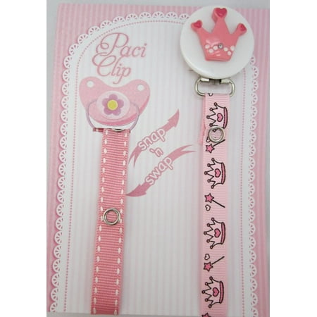 Pink Crown Pacifier Clip With Two Interchangeable Ribbons