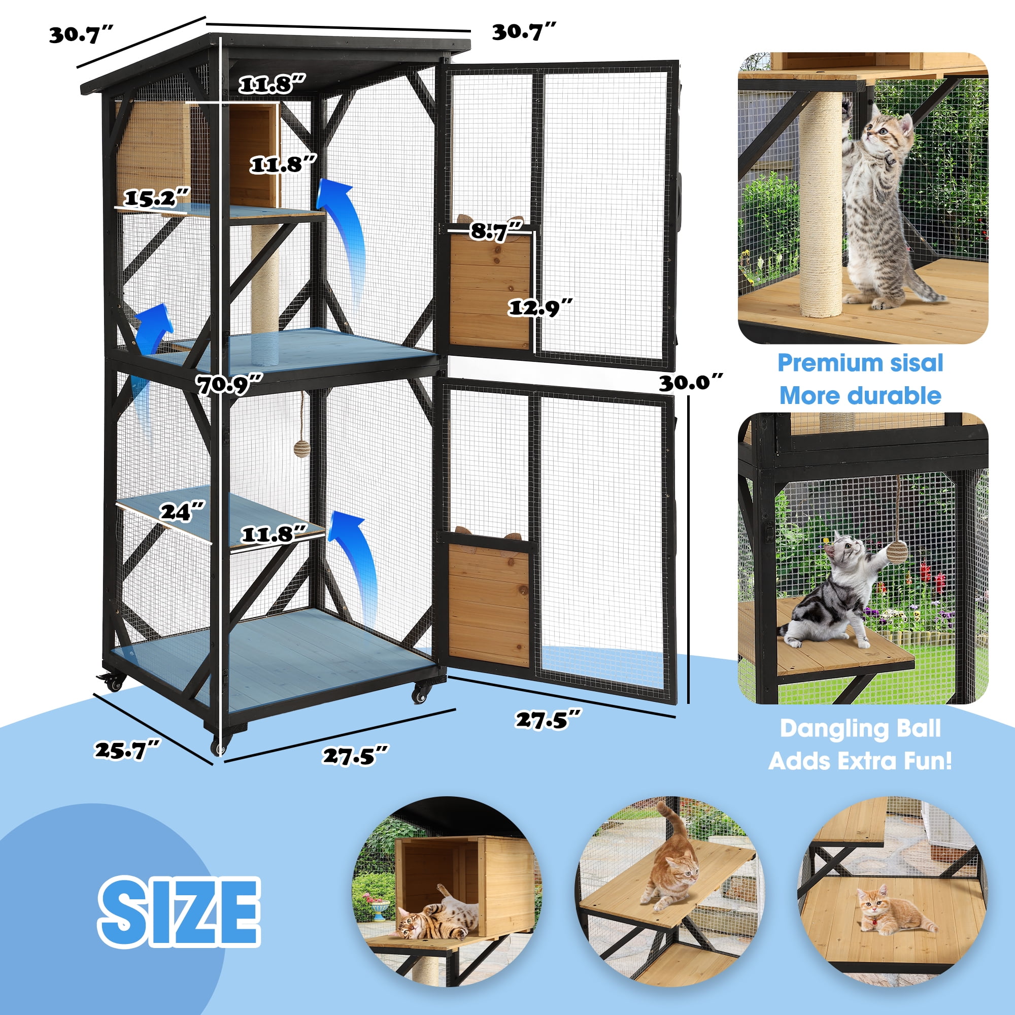 Haverchair Catio Outdoor Cat Enclosure with Scratcher - 4-Tier Large Indoor Wooden Window Catio Cat House W/Asphalt Waterproof Roof, Wheels, Resting Box, Platforms, Cat Toys Ball, Pet Cage Playpen