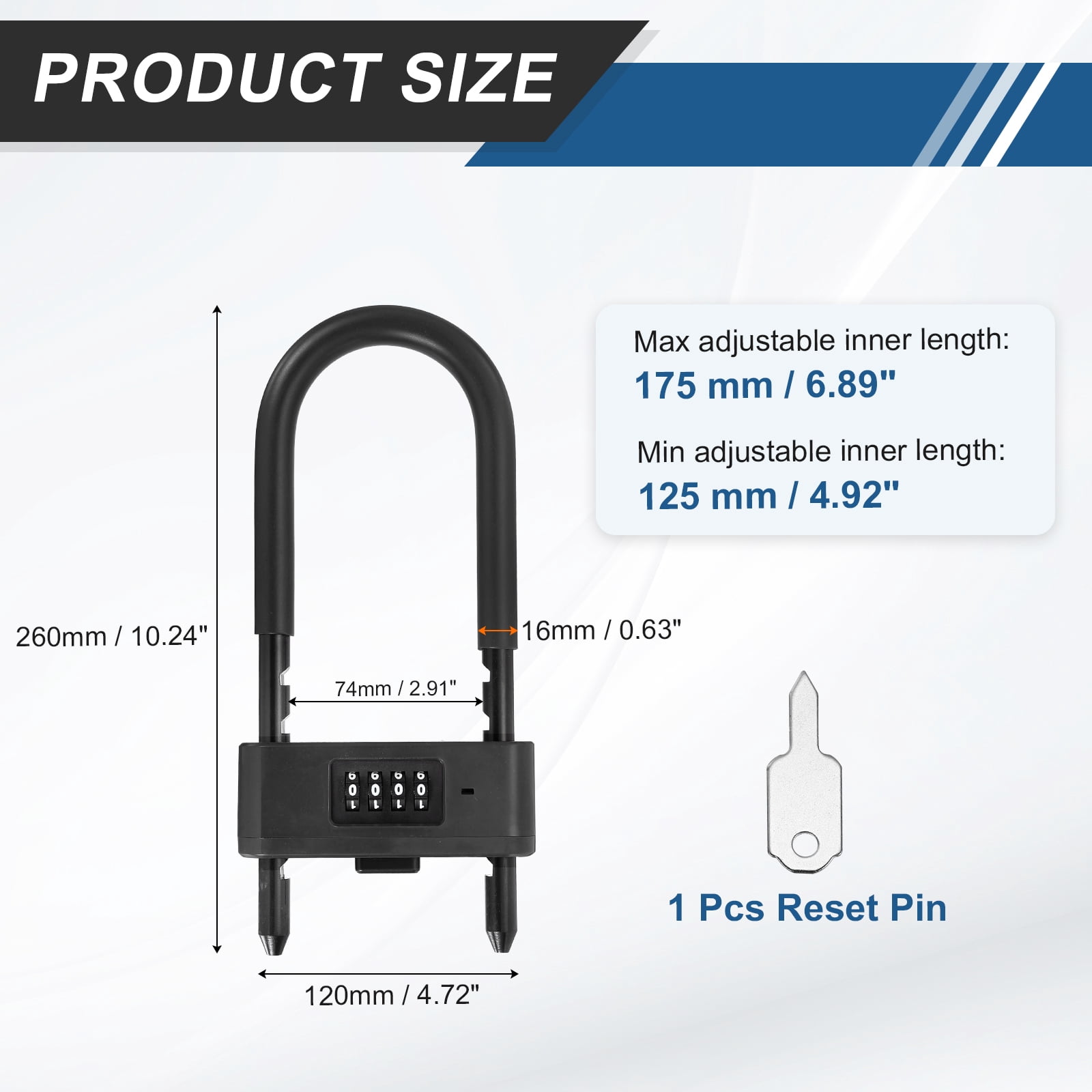 Uxcell 4 Digit Combination Padlock, Long Shackle Padlock - [4.92" - 6.89", Black], U-Shape Adjustable Shackle Lock for Bicycles Electric Bikes Mountain Bikes Glass Doors Gates