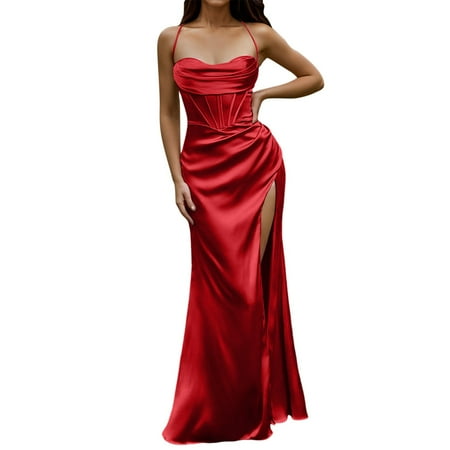 DVKOVI Dresses for Women Long Modest Dresses for Women Women Sexy Satin Corset Maxi Dress Silky Strap Push Up Fishbone Ruched Evening Party Long Dresses Red S