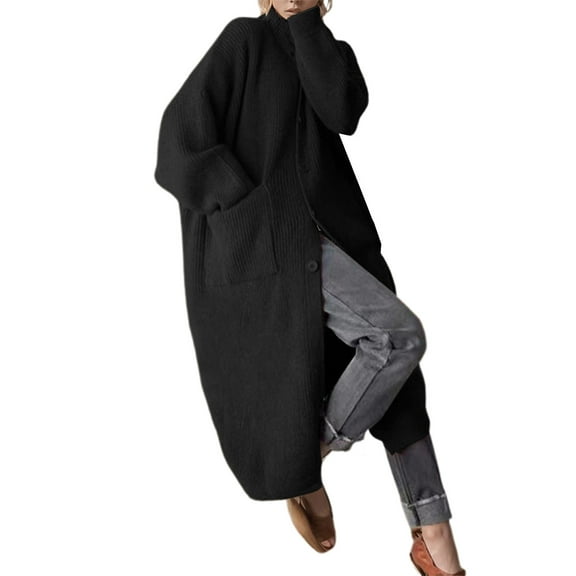DuoJiaJ Long Knit Cardigan Coat High Neck Oversized Open Front Sweater With Pockets For Fall Winter Crewneck Sweater Women Black One Size