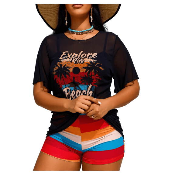 Women's Three Piece Swimsuit Set Short Sleeve Mesh Cover Up Shorts for Beach Pool