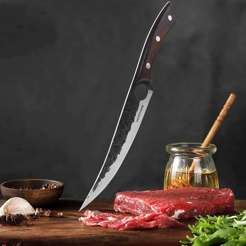 Hand Forged Boning Knife with Brown Wood Handle, High Carbon Steel Butcher Knife with Leather Sheath, Ultra Sharp Full Tang Meat Cleaver for Kitchen & Outdoor Use