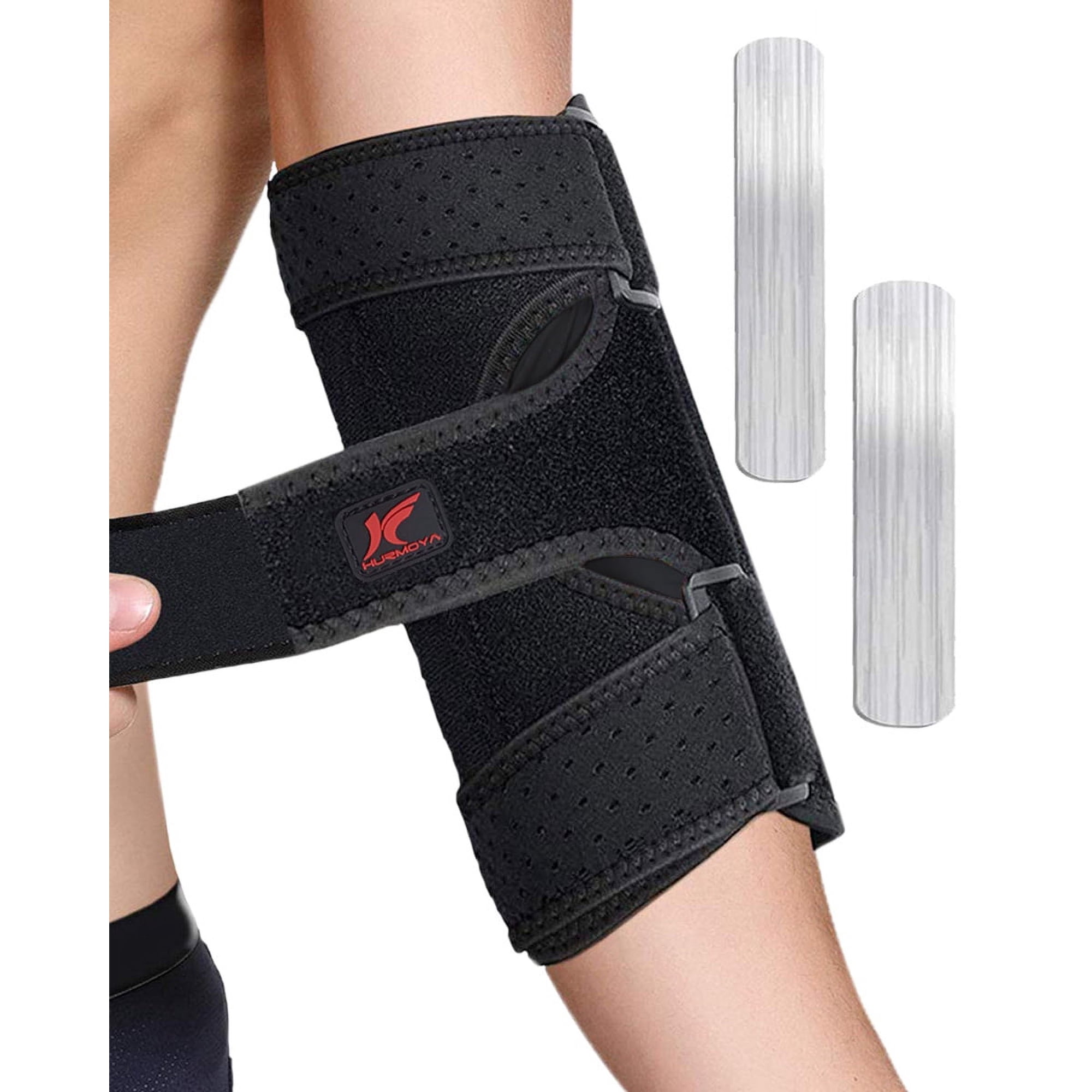 Hurmoya Elbow Brace Support for Tendonitis Pain Relief, Breathable Material, 2 Removable Metal Splints, Large