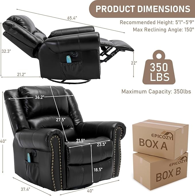 EPICOZY Manual Massage Swivel Rocker Recliner with Heat and Vibration, 360° Swivel Glider Rocking Recliner Chair, Classic Living Room Lounge Recliners with Side Pockets & USB Ports, Black
