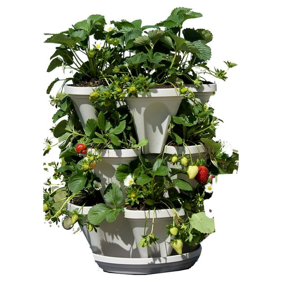 3 Tier Stackable Garden Planter Set with Bottom Saucer - Stone Color - Vertical Container Pots for , Strawberries, Flowers