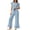 Blue, variant on Tqcoqu Women's 2 Piece Pajama Set, Round Neck Ruffle Short Sleeve Contrast Piping & Drawstring Ruffle Hem Wide Leg Pants, Loungewear Sleepwear for Women