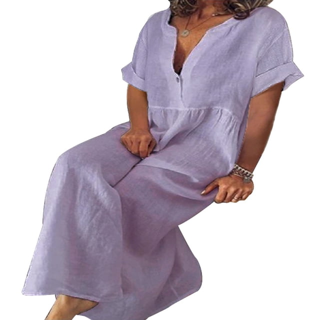 CHUANK Women Cotton Linen Long Sleeve Loose Maxi Dress Plus Size Solid Button Down Long Dress