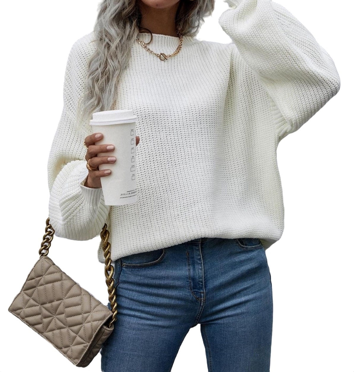 White Solid Rib-Knit Casual Pullovers Women's Sweaters - Walmart.com