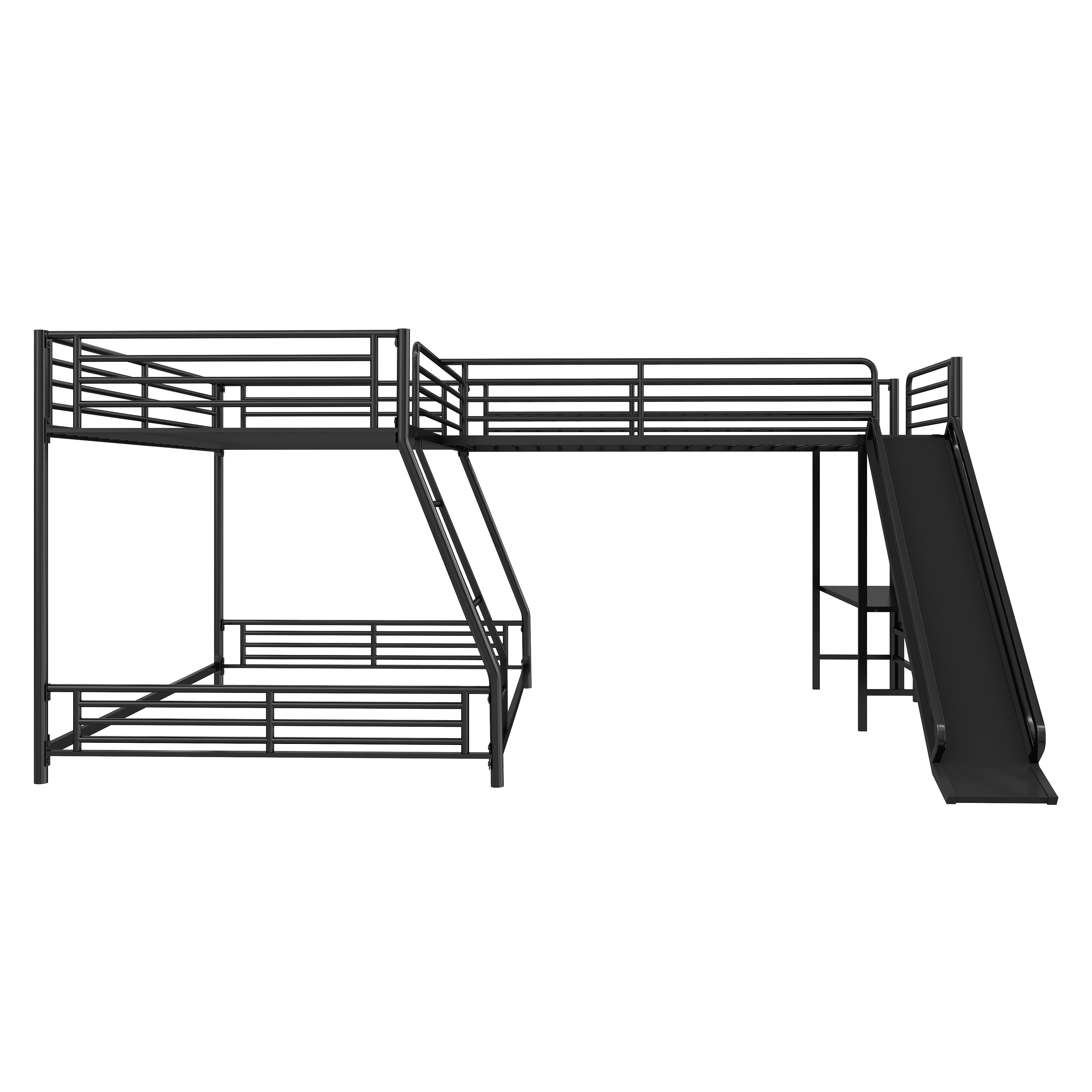 Euroco Metal L-Shaped Twin over Full Bunk and Twin Loft Bed with Desk and Slide for Kids Teens Adults, 3 Beds in 1, Black