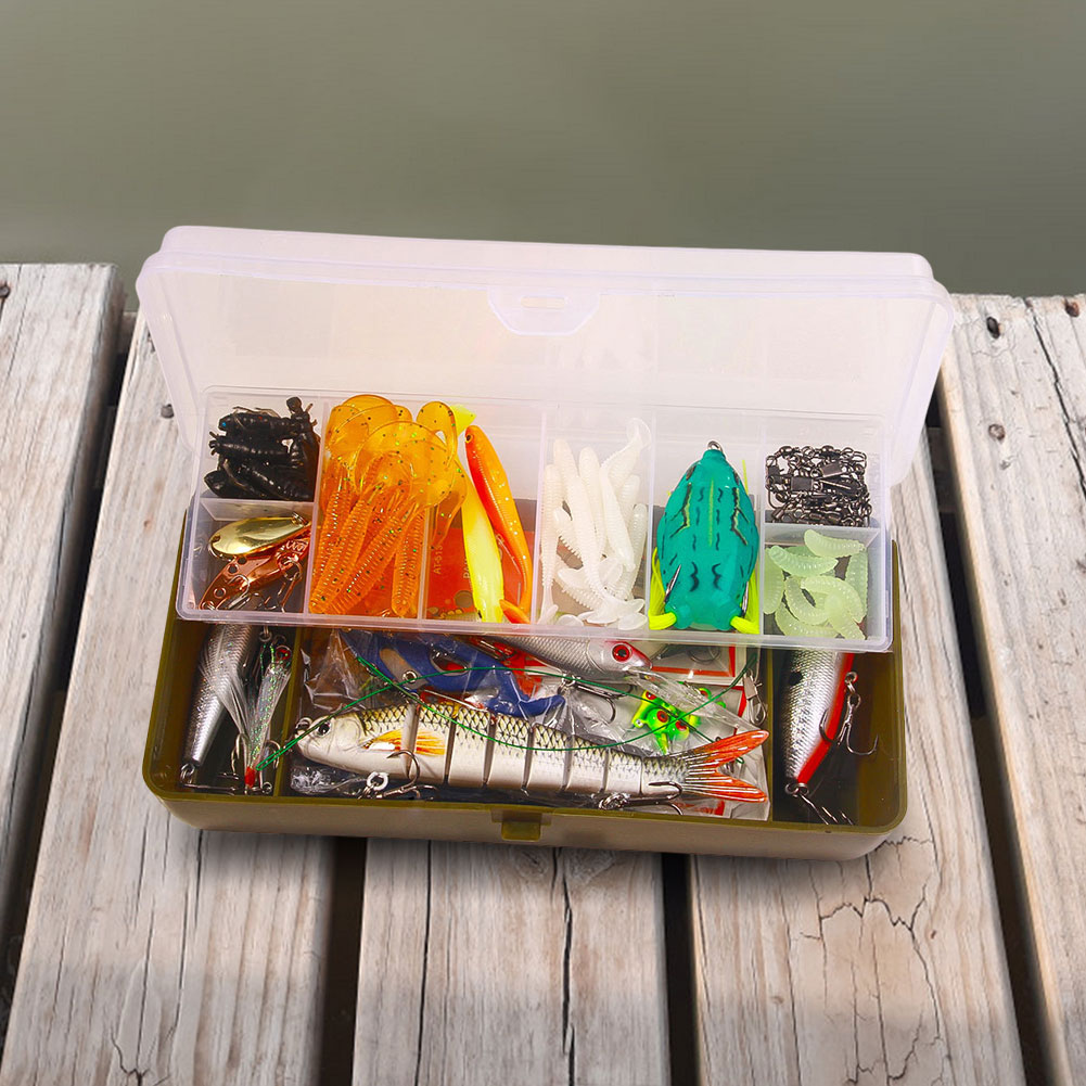 HUISZJ Fishing Lures Kit, Mixed Fishing Lures Kit with Tackle Box, Soft Hard Bait Hooks Swivels Tackle Accessory