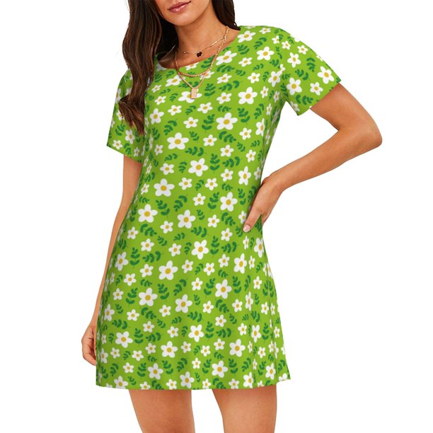 Fotbe Daisies Flowers Bata de Dormir para Mujer con Estampado, Camisón de Algodón de Manga Corta, Ropa de Dormir Casual
