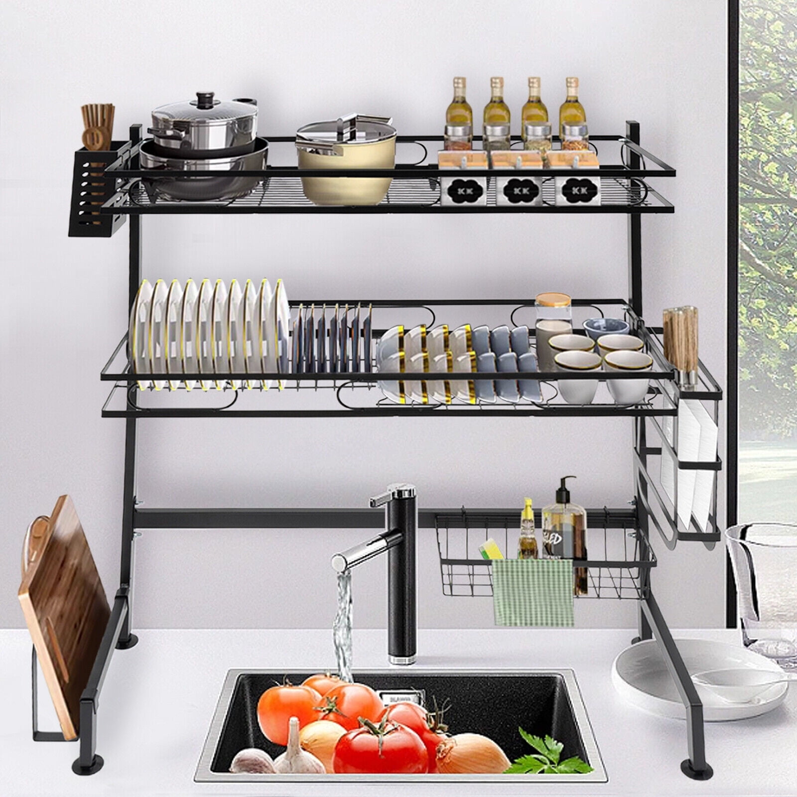 2-Tiers Over-The-Sink Dish Drying Rack Adjustable Large 24.4'' Kitchen Large Drainage Rack Over Sink Kitchen Countertop Dish Drying Sotrage Rack Black