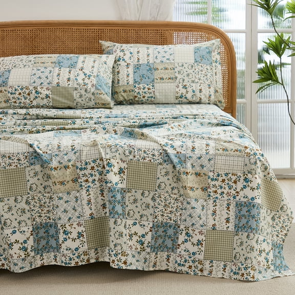 Shabby Chic Floral Patchwork Sheets Set , Crisp Cooling Sheets with a Smooth Cotton Percale Lightweight Feel, 4 Pieces Luxury Soft Deep Pocket Fitted Sheet 17.5''